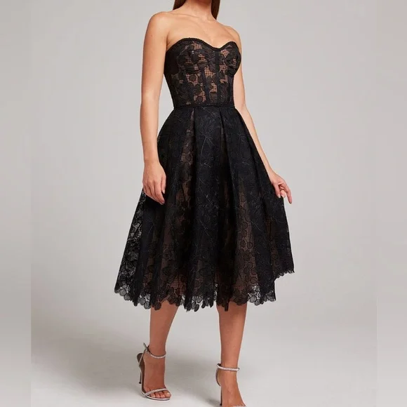 NWOT Nadine Merabi black/nude Olivia dress corseted embroidered lace - Picture 4 of 13